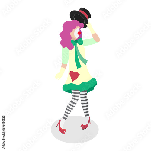 3D Isometric Flat Vector Set of Clowns, Collection of Funny and Colorful Circus Cartoon Characters. Item 2