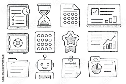 Business, office outline icon set: management, time, finance, technology symbols