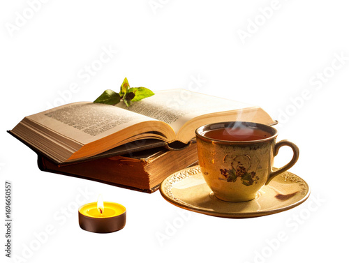 Flat Lay of Open Book with Tea Mug, Candle, and Wool Blanket, Transparent PNG 