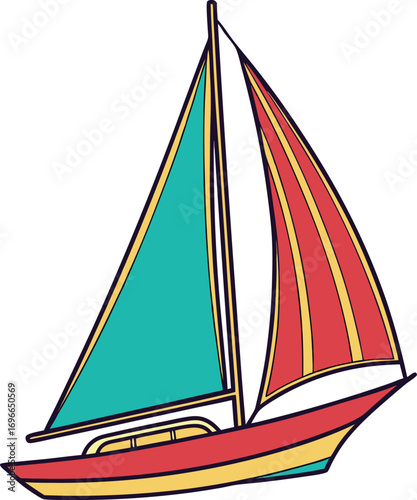 Vector art of a colorful sailboat with teal and red sails, isolated on a, ready for a nautical adventure