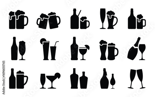 Vector art of collection of beverage silhouettes, featuring various alcoholic and nonalcoholic drinks for bar, restaurant, and partythemed designs