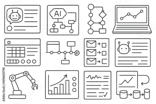 Artificial intelligence and machine learning icon set. technological outline icons