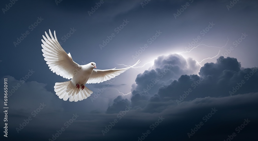 Obraz premium Flapping Dove Against Lightning-Struck Black Clouds