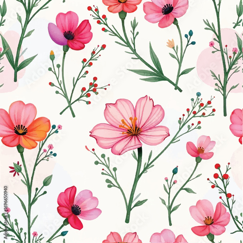 Seamless floral pattern, fabric style, hand-drawn background design 
