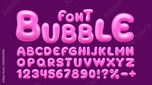 Bubble gum font, brush candy. English alphabet and numbers sign. Vector illustration