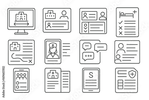 Health and medical line icon set. healthcare, medical records, hospital icons outlined
