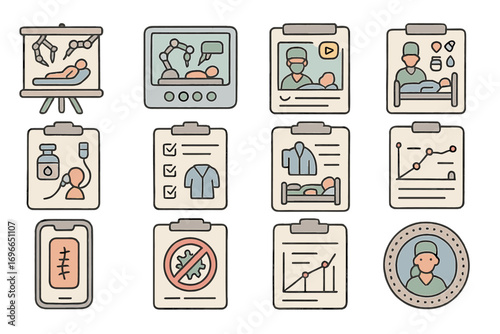 Medical, healthcare outline icon set: surgery, doctor, hospital, patient, hospital tools