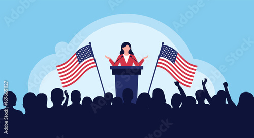 A woman politician delivers a powerful speech to a crowd under american flags