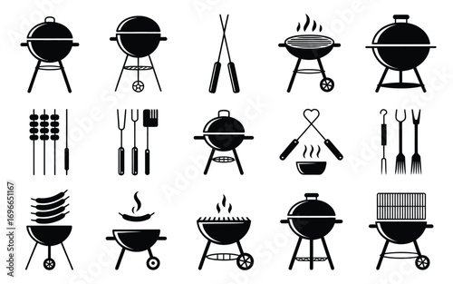 Vector art of collection of barbecue grill icons in silhouette, representing outdoor cooking, summer gatherings, and delicious grilled food
