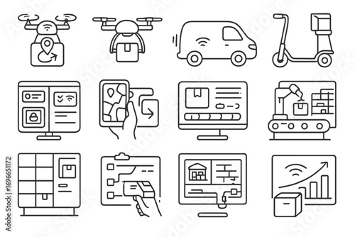 Delivery and logistics line icon set. shipping, transport, courier outline graphics