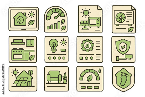 Eco-friendly, sustainable energy flat icon set for green living and renewable resources