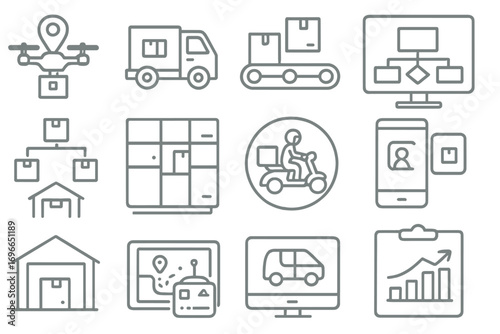 Delivery and shipping outline icon set. logistics, package, transport linear collection