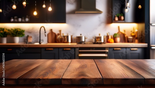 dark kitchen with wooden table and soft lighting on fuzzy kitchen background