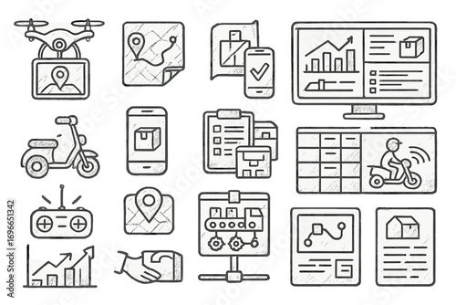 Delivery and logistics sketch icon set. shipping, transport sketch icons outline collection