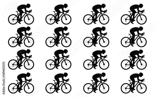 Vector art of sixteen cyclists riding bicycles in silhouette, conveying speed, endurance, and a passion for cycling in a simple yet dynamic composition