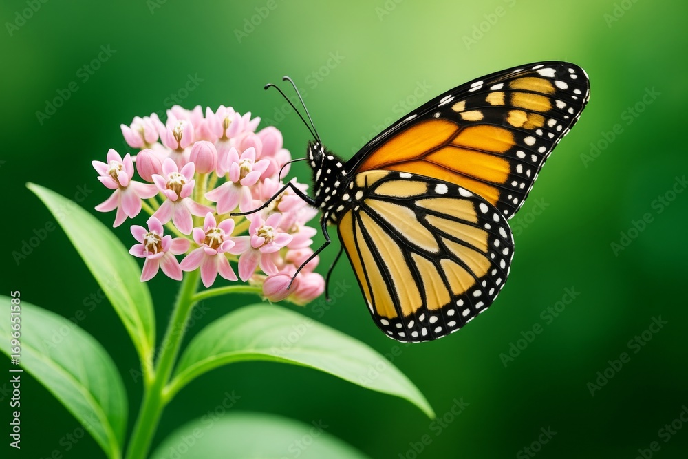 Obraz premium Monarch butterfly on pink milkweed flowers with green blurred background in bright natural light, symbolizing pollination and biodiversity concept. Ai generative
