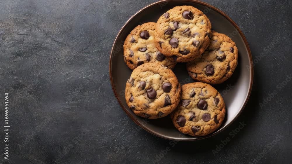 Chocolate chip cookies on dark background plate
