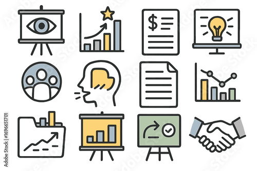 Business analytics outline icon set. strategy, marketing, growth icons outline collection