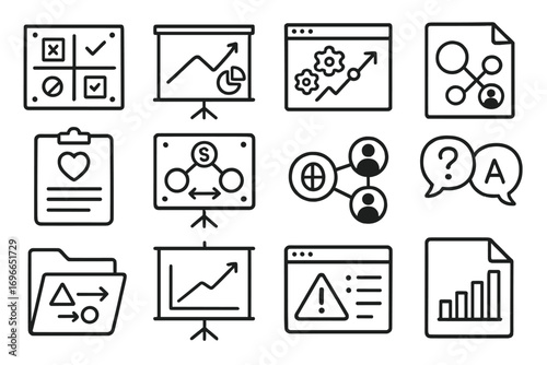 Business and analytics outline icon set for strategic planning and analysis