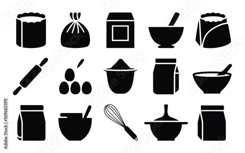 Vector art of collection of baking icons featuring essential tools and ingredients for baking delicious treats and desserts at home or in a bakery