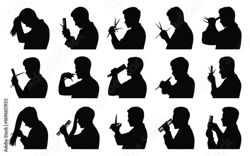 Vector art of silhouette of a man getting a haircut, showing various stages of the process with different tools and techniques used by a barber
