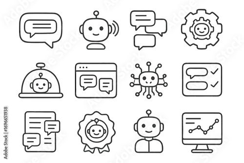 Chatbot, ai communication outline icon set. messaging, tech symbols collection