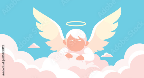 A celestial being rests peacefully amongst soft puffy clouds floating in a bright blue sky
