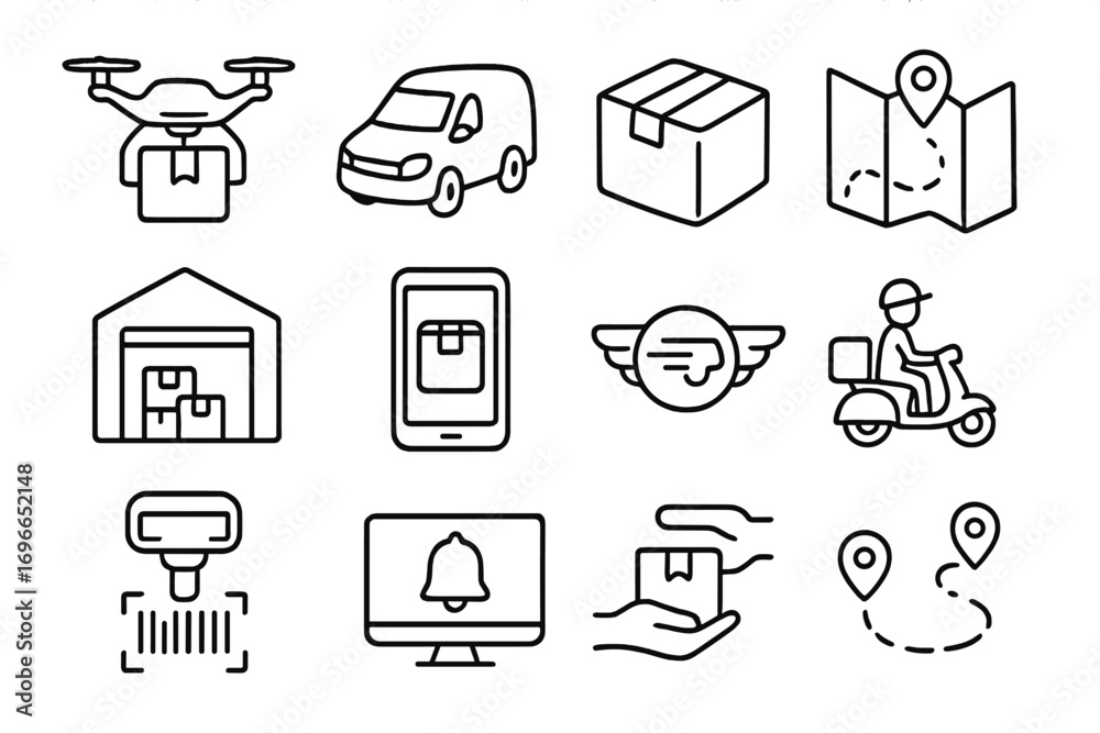 Fototapeta premium Delivery and logistics line icon set. shipping, transport, tracking icons outlined collection