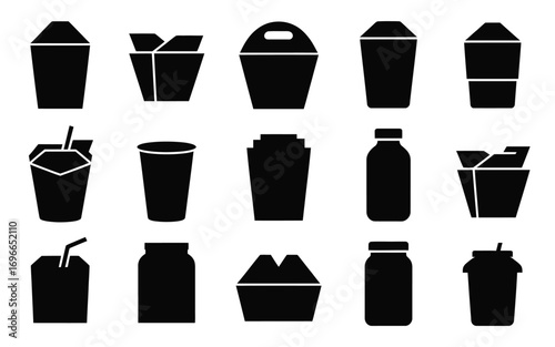 Vector art of collection of fifteen takeaway container silhouettes, showcasing various shapes and sizes for food and beverage packaging
