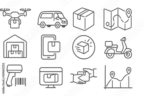 Delivery, shipping linear icon set. logistics, package tracking, map line collection