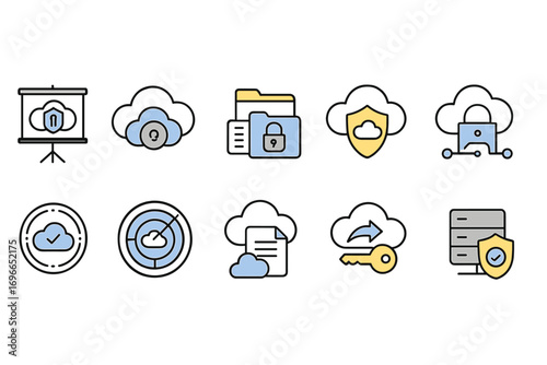 Cloud security line icon set. protection, data privacy, encryption icons collection