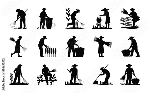 Vector art of silhouette collection of farmers working in the field set of black and white vector illustrations of agricultural workers