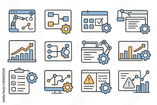 Automation, workflow flat icon set. business, process management symbols collection