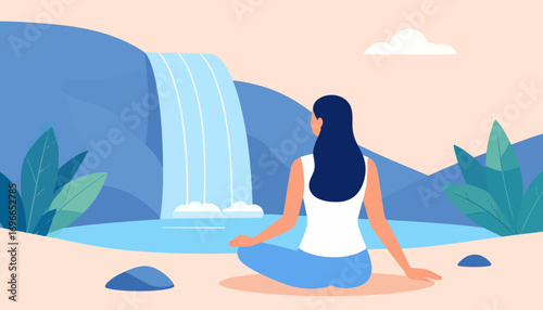 An illustration of a woman with dark hair sitting in a cross-legged position. 