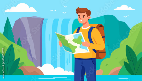 A male tourist with a backpack navigates his journey using a map, discovering a hidden waterfall on his solo adventure trek illustration