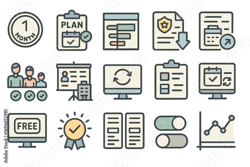 Business and marketing outline icon set for effective planning and strategy