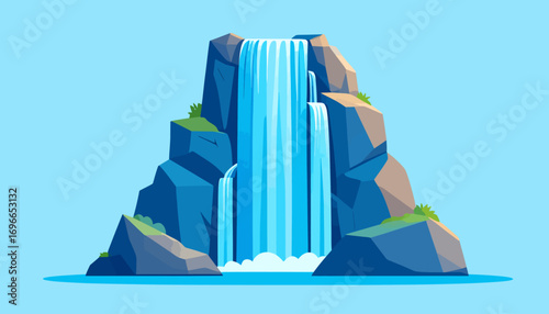 A vibrant illustration of a waterfall flowing down a large, rocky mountain. 