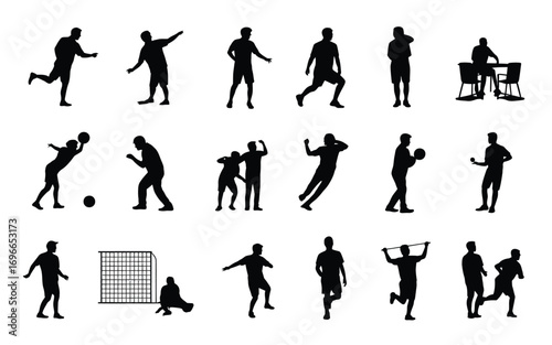Vector art of collection of black silhouette icons representing various soccer players in action, , showcasing different poses and scenarios