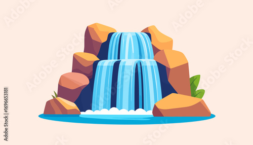 Stylized illustration of a vibrant waterfall, with clear blue water gracefully cascading over textured rocks, creating a tranquil and refreshing natural landscape