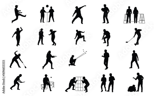 Vector art of collection of black silhouette icons representing various sports activities and athletes in action, , showcasing diverse poses