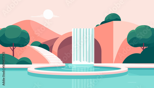 Tranquil oasis scene with a modern waterfall cascading into a turquoise pool amidst pink hills and lush nature