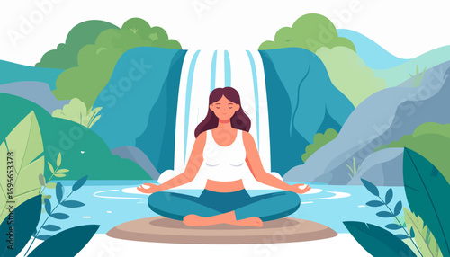 Serene Woman Meditating in Lotus Position by a Majestic Waterfall, Embracing Mindfulness and Tranquility in a Lush Natural Environment for Stress Relief and Wellness