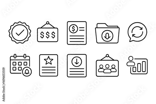 Business and finance outline icon set. economy, banking, money, management icons collection