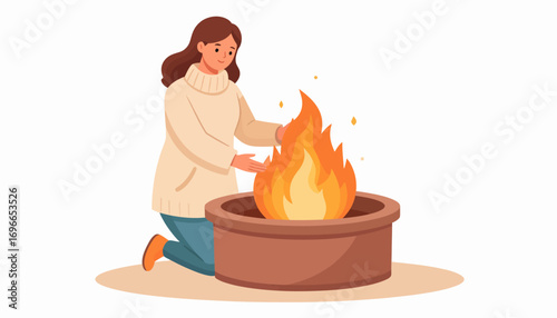 Illustration of a woman in warm clothes getting cozy by a fire bowl. Concept of hygge, comfort, and relaxation during cold weather