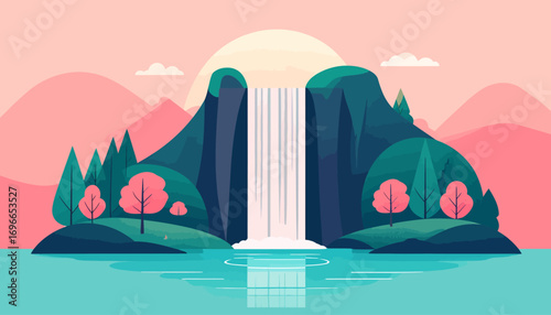 Majestic Waterfall Landscape with Pink Mountains and Tranquil Water