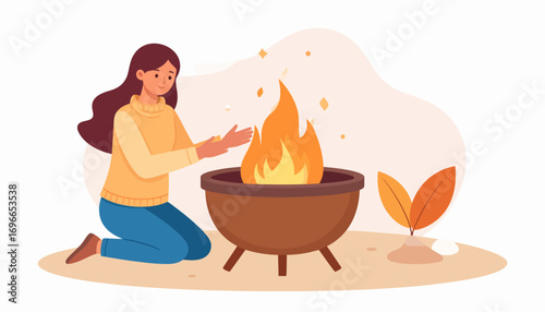 Young woman enjoying a cozy moment, warming her hands by the gentle flames of an outdoor fire pit in autumn