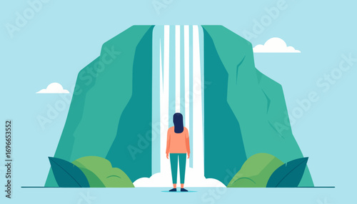 Finding inner peace and perspective, a person gazes at a breathtaking waterfall, a powerful metaphor for life's journey and nature's grandeur