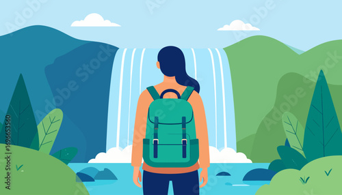 Woman with a backpack enjoying the scenic view of a majestic waterfall during a solo hiking adventure in the mountains