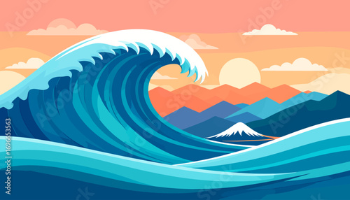 A dramatic great wave in a stylized illustration, with a snow-capped mountain resembling a famous Japanese peak during a vibrant sunset