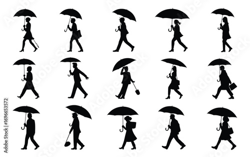 Vector art of collection of black silhouette icons depicting people walking with umbrellas in various poses and styles